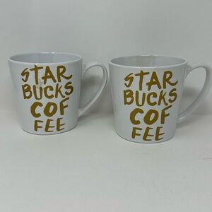 Lot of 2 Starbucks 2015 Coffee Mug Graffiti Gold Lettering 14.2 fl oz Y3